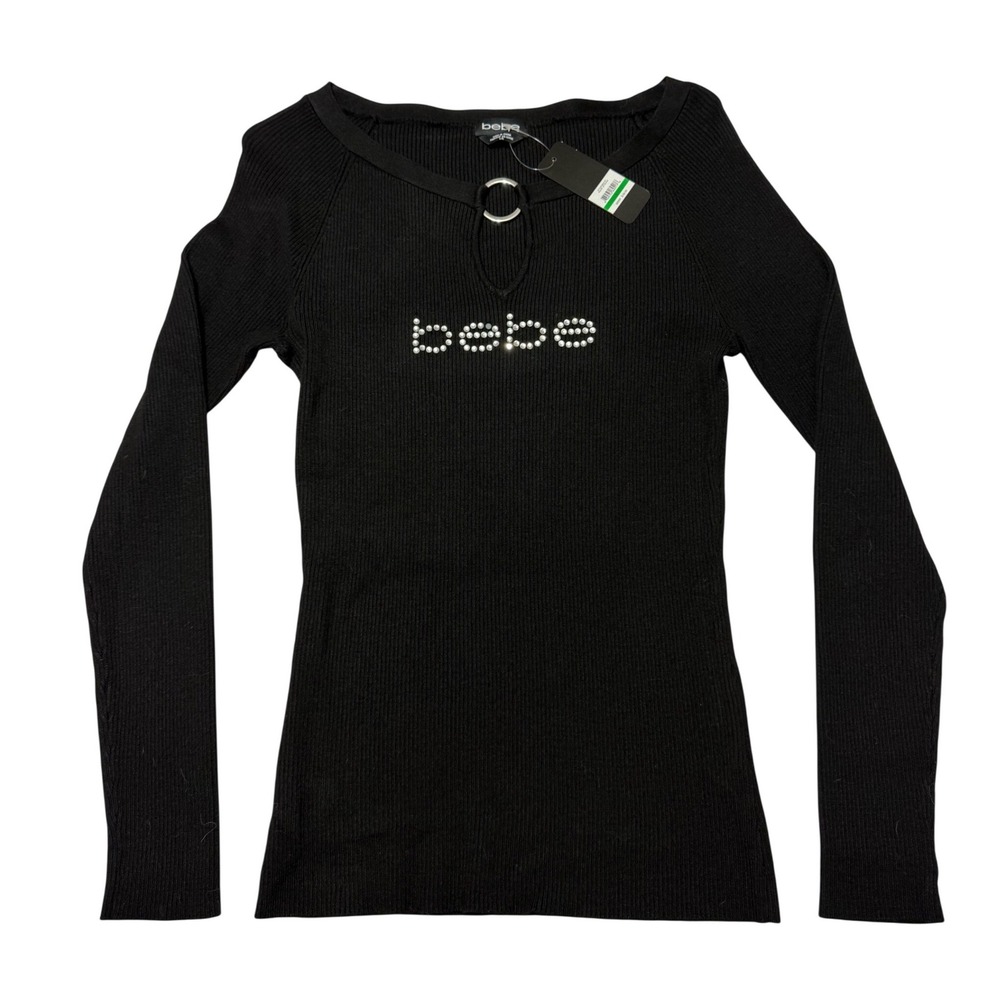 Bebe Jet Black Ribbed Knit Top Rhinestone Logo Keyhole Womens Size L Y2K  NWT